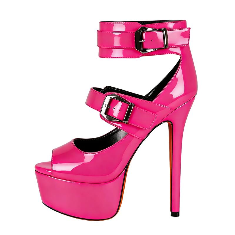 Veelau Meieer Women's Peep-Toe Platform Stiletto Pumps with Buckles, Patent Fuchsia, EU 36