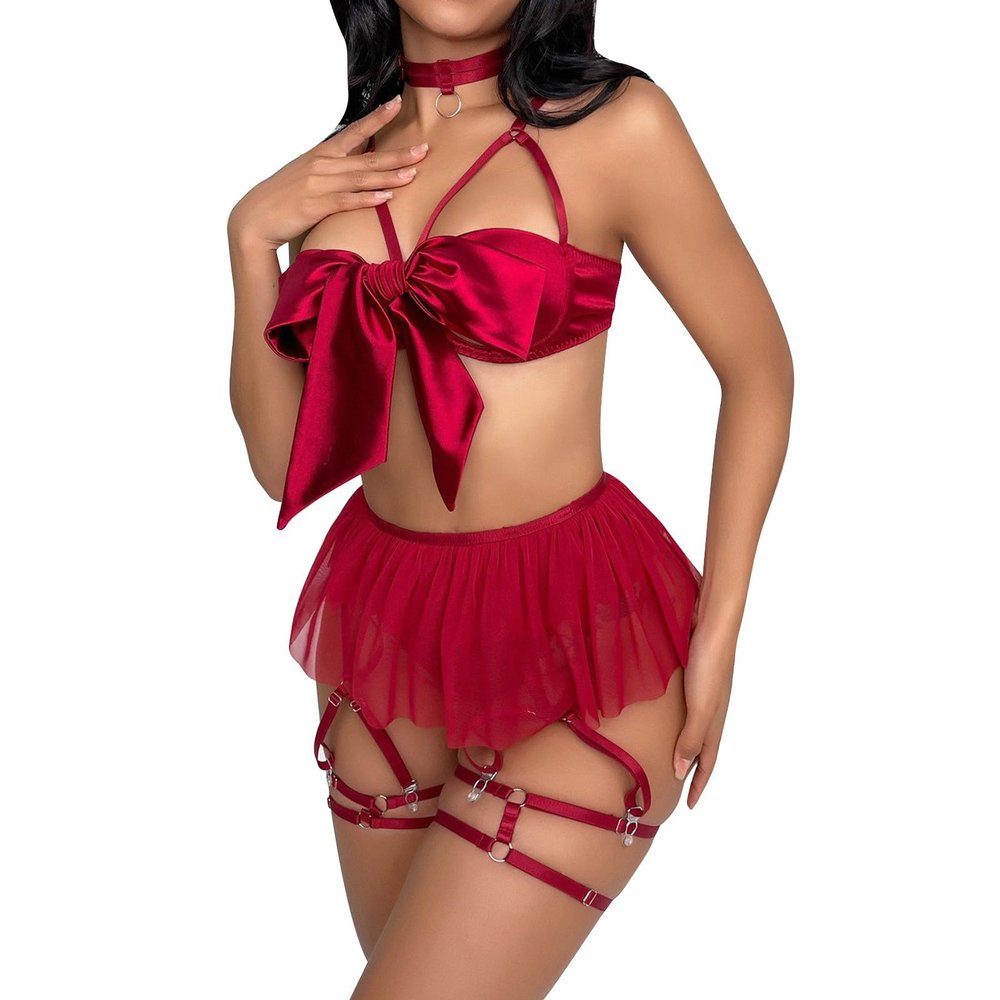 LinRim Sexy Cosplay Lingerie Set for Women, Rosettes, Babydoll, Teddy Outfit, Bra and Panties, Nightgown with Choker, Anime Lace, Babydoll