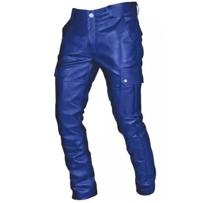 Generic Blue, S, Men's Sexy PU Leather Pants, Casual Style, Zipper, Mid-Rise, Straight Leg, DS Nightclub Stage Wear