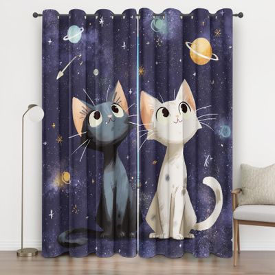 Cute Cartoon Cat Planet Universe Blackout Curtains, 2-Piece Set, 100 x 140 cm