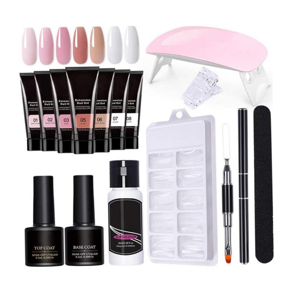 Gel Nail Extension Set, 15 ml, 7 Colors, with UV Lamp, File and Nail Clip