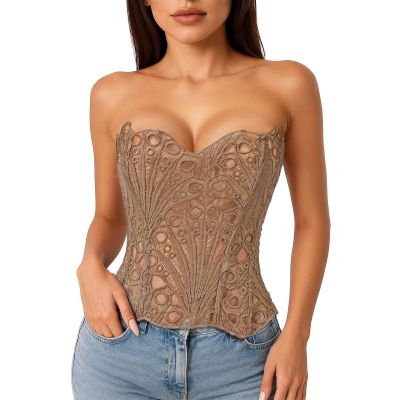 Generic Women's Corset Top, Medieval Breathable Mesh Shaping Bodysuit with Irregular Lace, Black