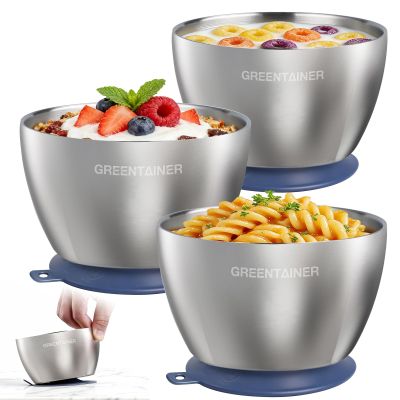 Greentainer 3-Piece Stainless Steel Baby Bowl Set with Suction Cups, Blue