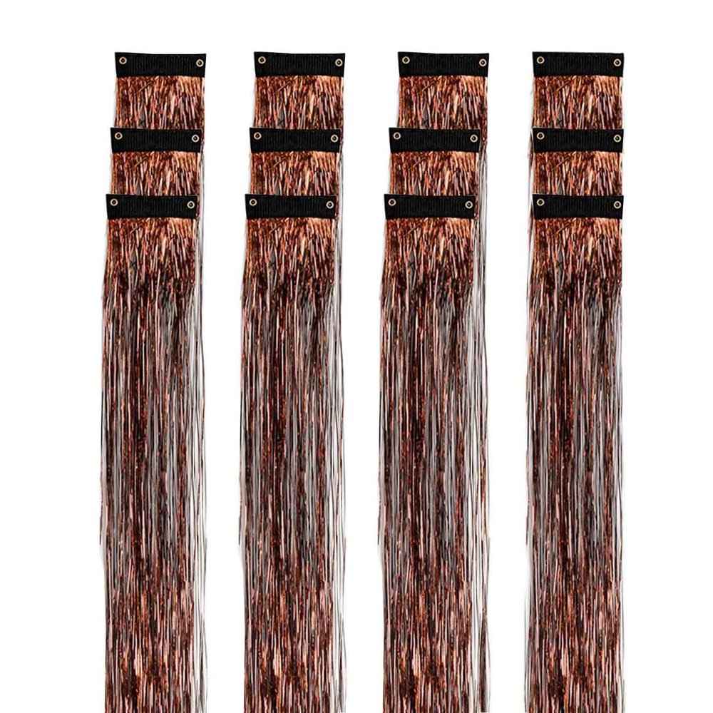 HAJHI Glitter Hair Tinsel Clip-Ins, 12 Pieces, Straight Bronze Highlights, 49 cm