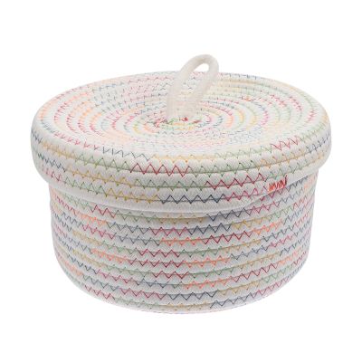 Veemoon Woven Beige Cotton Rope Storage Basket with Lid, 22 x 14 cm