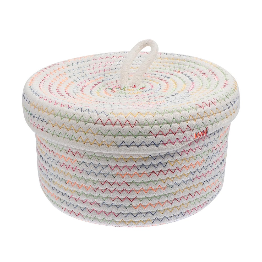 Veemoon Woven Beige Cotton Rope Storage Basket with Lid, 22 x 14 cm
