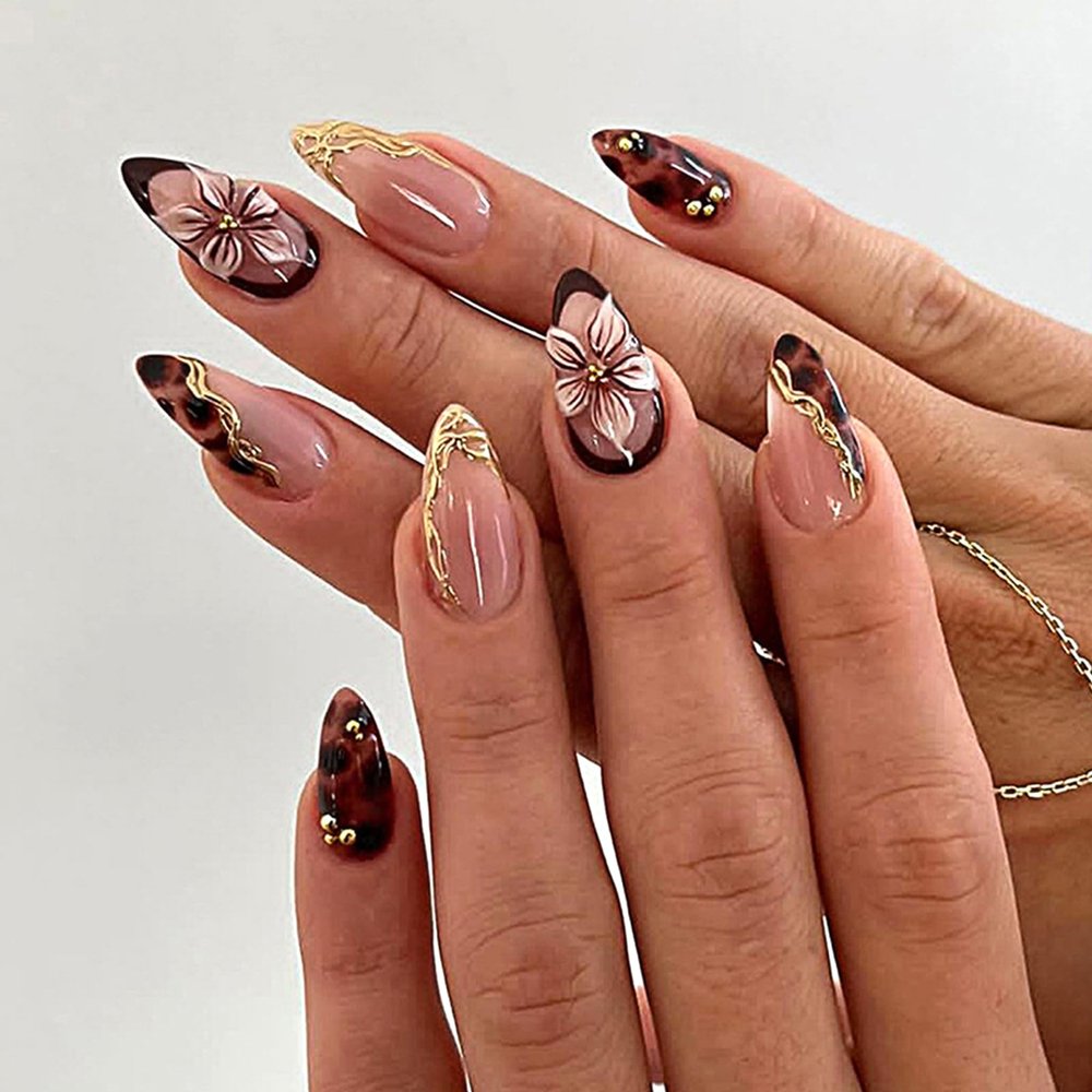 24-Piece Long Almond Press-On Nails, Maillard French, Leopard & 3D Gold Designs