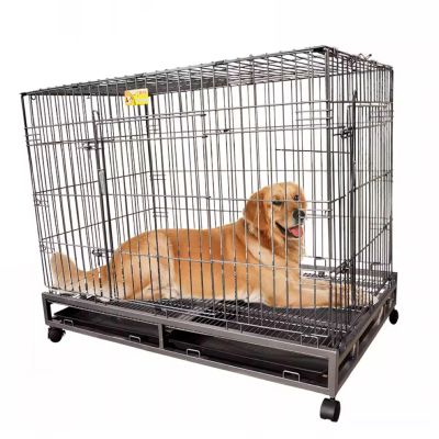 Foldable Metal Dog Crate, Extra-Large, with Double Doors, 2 Top Hooks, Removable Casters and Trays