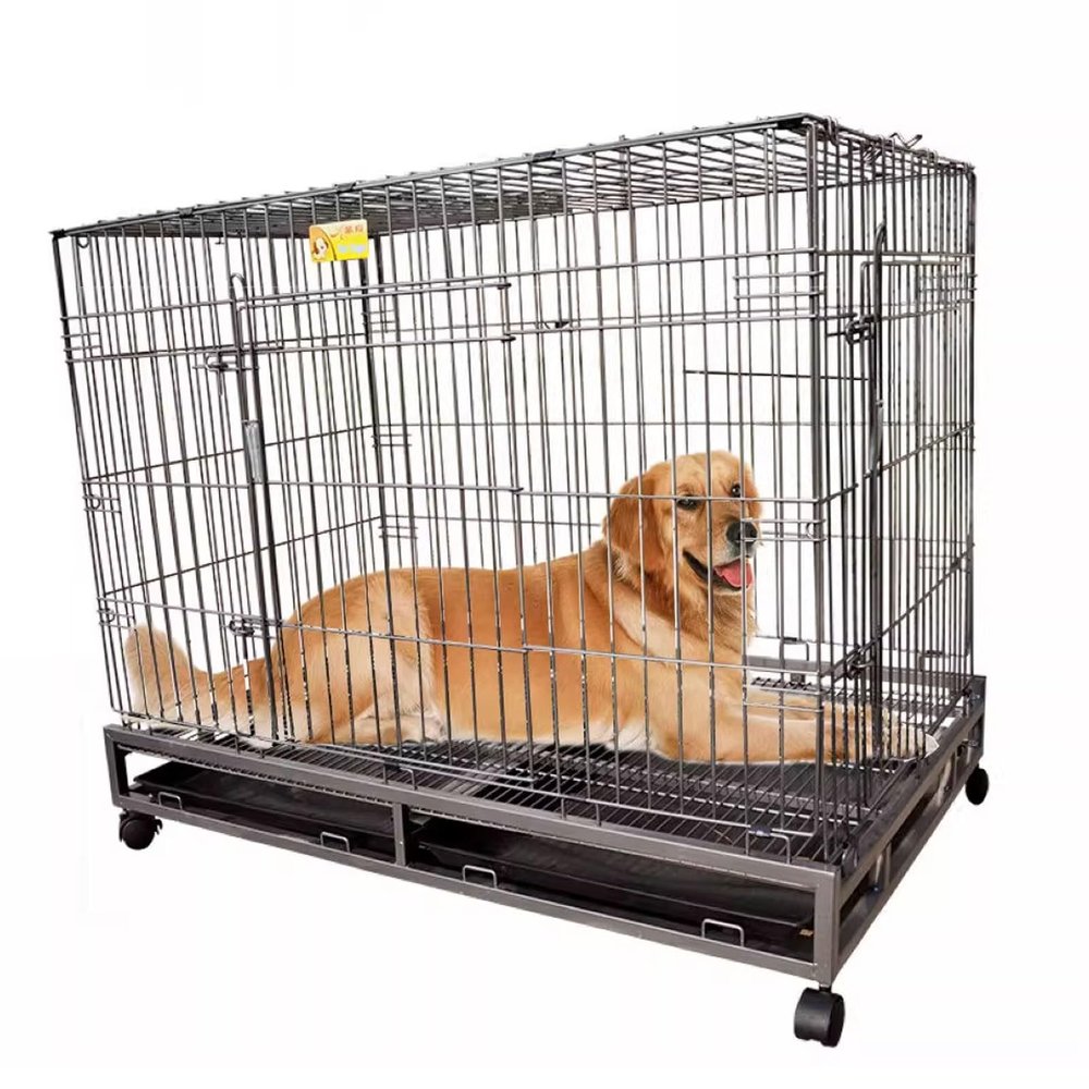 Foldable Metal Dog Crate, Extra-Large, with Double Doors, 2 Top Hooks, Removable Casters and Trays