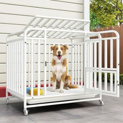 Large Escape-Proof Dog Crate with Locking Wheels, Galvanized Steel Frame, Skylight and Removable Tray (White, 95 x 65 x 85 cm)
