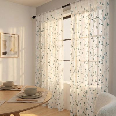 LONGCAO Willow Leaf Voile Curtain, 135 x 200 cm, Sheer Polyester Curtain for Living Room, Bedroom, and Children's Room, Blue