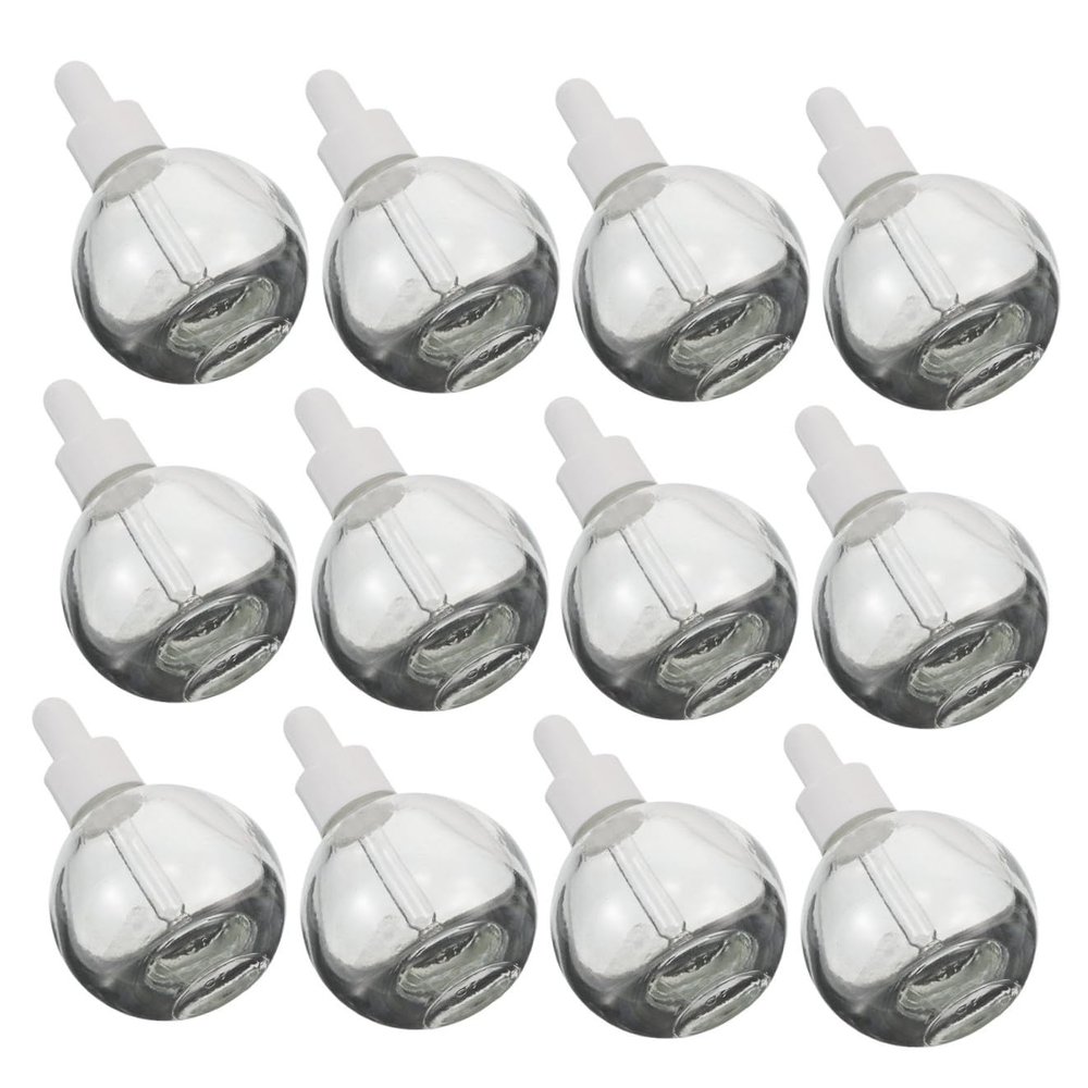 TOGEVAL 12 x 30 ml Empty Glass Dropper Bottles with Pipettes, Clear Spherical Refillable Containers for Essential Oils and Serums, Leakproof with White Center Ring
