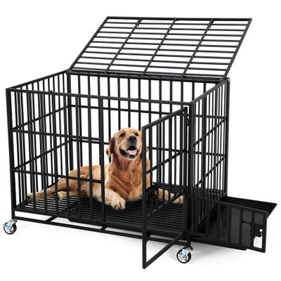 107 cm Heavy-Duty Metal Dog Crate with 3 Doors, Escape-Resistant Indoor Crate with Wheels and Tray, Extra-Large Crate for Large Dogs, Easy to Clean (Black)