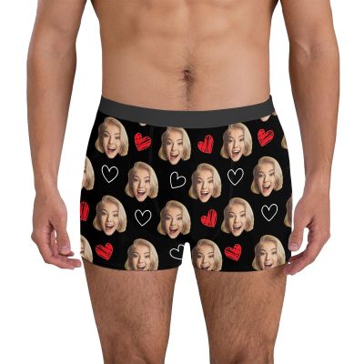 Personalized Men's Boxer Shorts with Heart and Custom Face Print, Black 04, XL