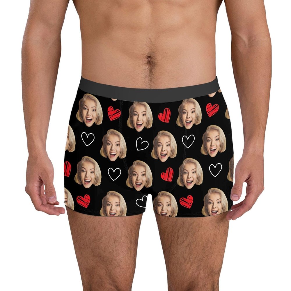 Personalized Men's Boxer Shorts with Heart and Custom Face Print, Black 04, XL