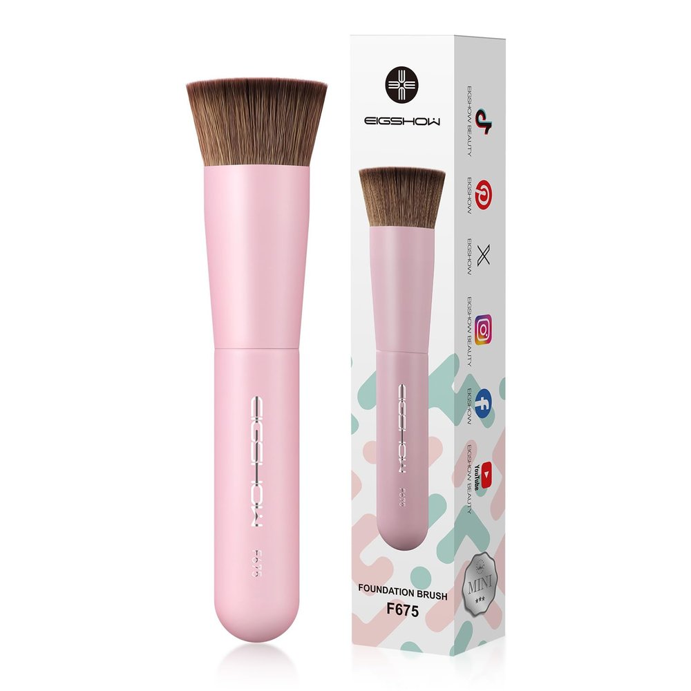 EIGSHOW Travel Foundation Brush, Compact Kabuki Brush for Liquid, Cream, and Powder Foundation & Concealer, Ultra-Soft Dense Vegan Bristles (Pink)