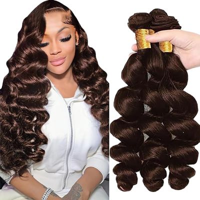 Jucames Human Hair Weave Bundles, Loose Deep Wave, 3 Bundles, Unprocessed Remy, Double Weft, Chocolate Brown, 22/24/26 Inches