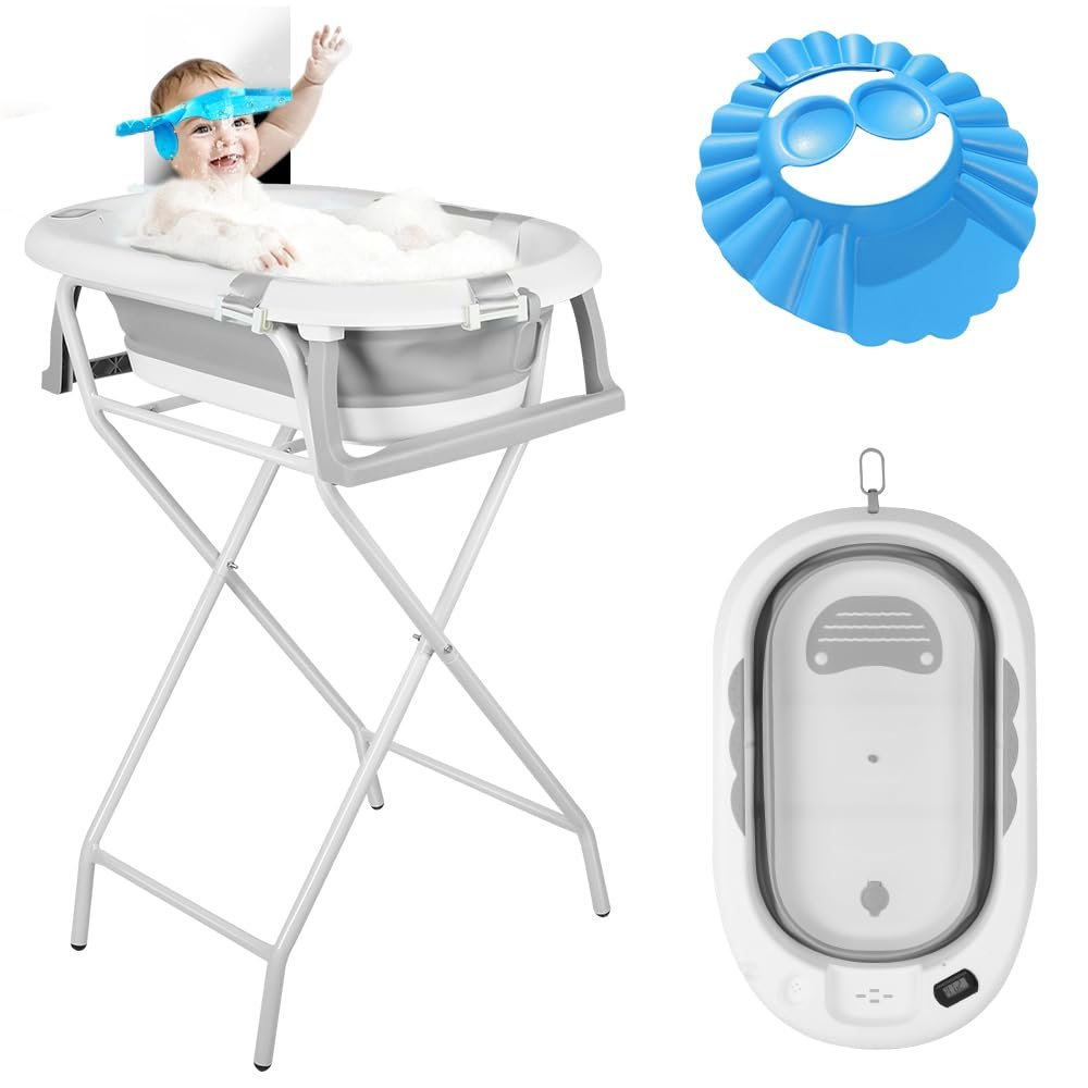 Homewell Foldable Baby Bathtub with Stand, Bath Cushion and Thermometer, Travel Bathtub, 82 x 42 x 22 cm, Gray