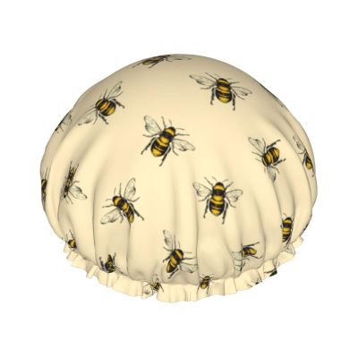 Reusable Waterproof Double-Layer Shower Cap with Honeybee Print, One Size