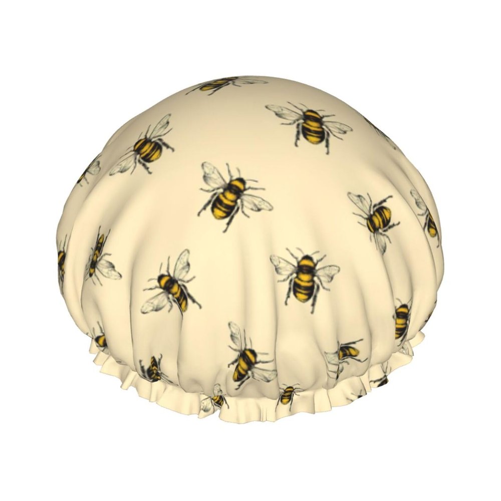 Reusable Waterproof Double-Layer Shower Cap with Honeybee Print, One Size
