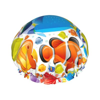 Reusable Waterproof Cartoon Fish Shower Cap, Double-Layer, One Size