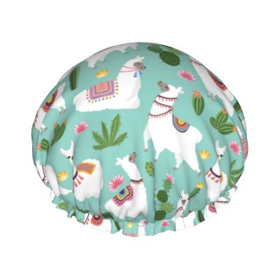 Reusable Waterproof Double-Layer Shower Cap with Tropical Llama, Alpaca, Cactus and Floral Print