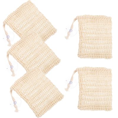 FRCOLOR 5-Pack Exfoliating Soap Bags, Natural Cotton Linen Drawstring Lathering Mesh with Suction Cups