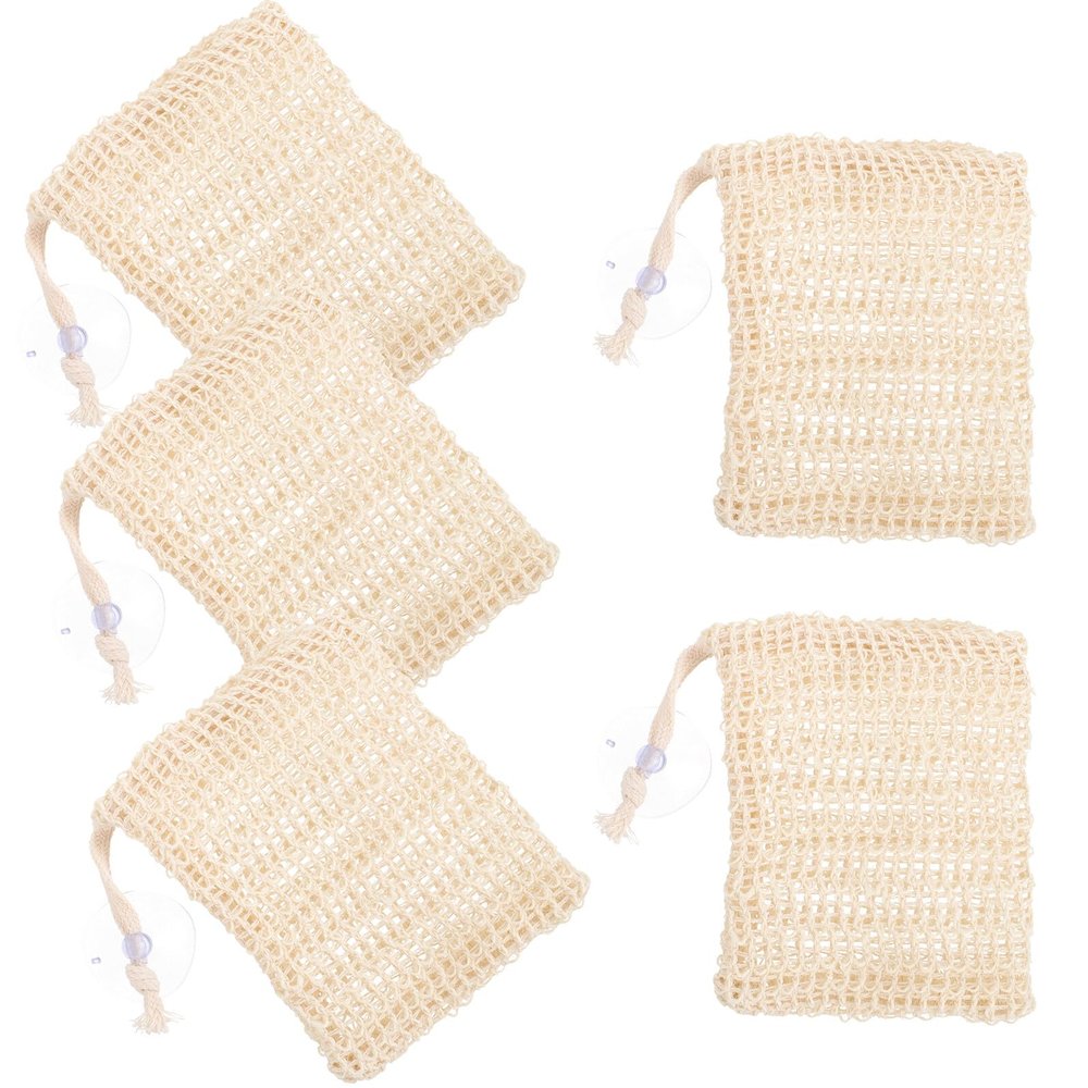 FRCOLOR 5-Pack Exfoliating Soap Bags, Natural Cotton Linen Drawstring Lathering Mesh with Suction Cups