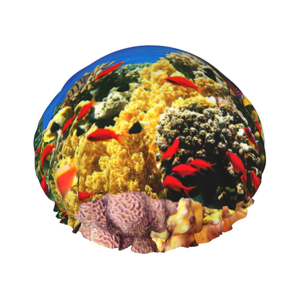 Reusable Waterproof Double-Layer Shower Cap with Sea Fish Pattern, One Size