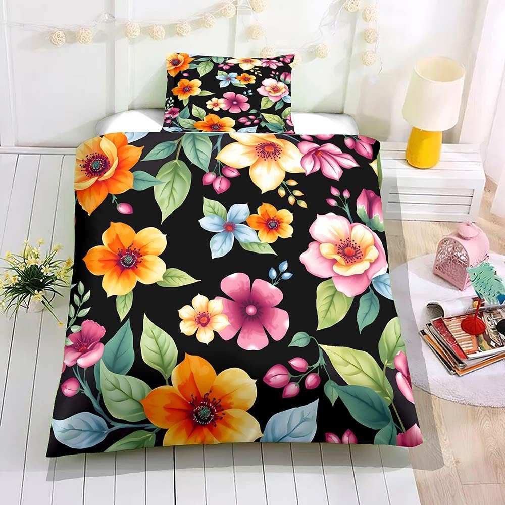 Odot Kids' Bedding Set for Boys and Girls, 3D Painted Flowers, Duvet Cover and Matching Pillowcase, Tropical 5, 120 x 150 cm