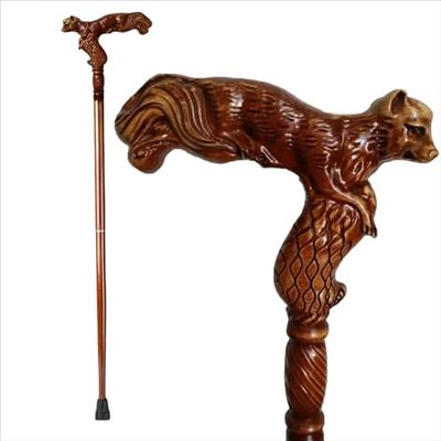 Carved Wooden Walking Cane with Animal Design
