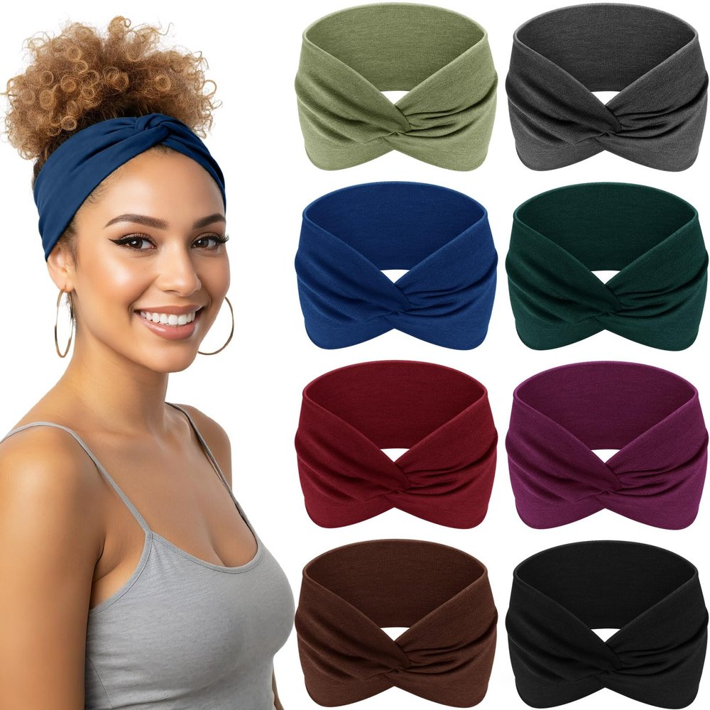 Kavya Women's Wide Headbands, 8-Pack, Stretchy Non-Slip Boho Headbands