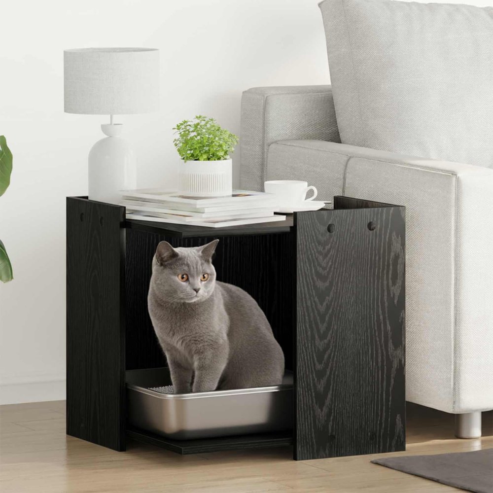 Gecheer Cat Litter Box Enclosure, Black Oak Look, 53 x 53 x 51 cm, with Door