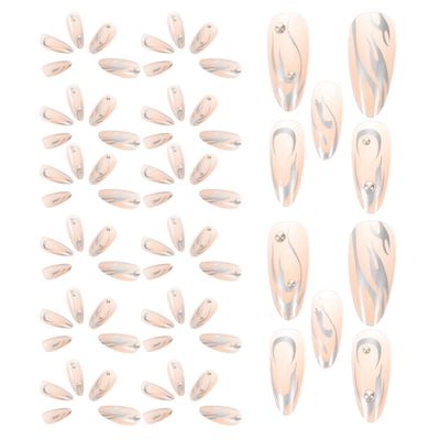 Healeved 24-Piece Short Press-On Nails with Silver Flame Pattern and Studs