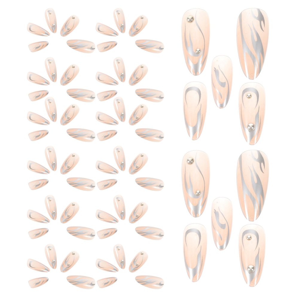 Healeved 24-Piece Short Press-On Nails with Silver Flame Pattern and Studs