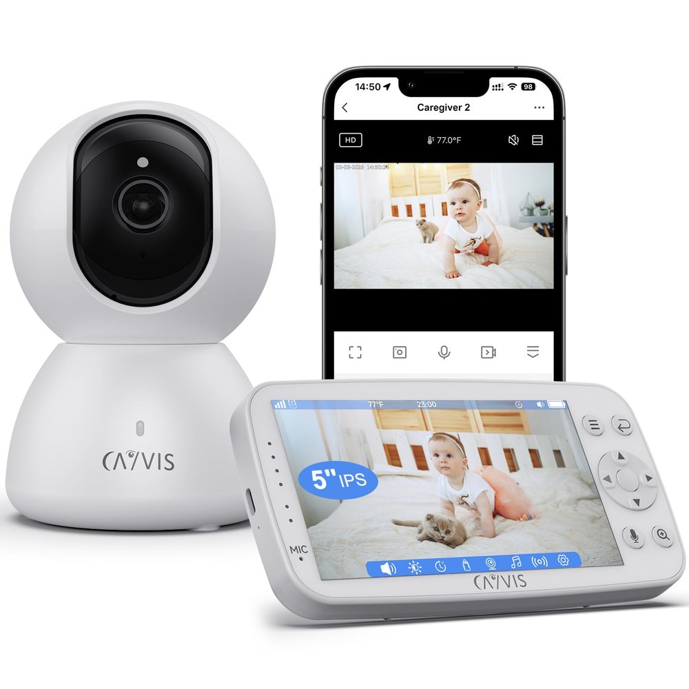 CAYVIS Baby Monitor with 1080p Camera, 5" Split Screen (720p), No Wi-Fi, PTZ, IR Night Vision, ECO Mode, Two-Way Audio, Temperature and Time Display