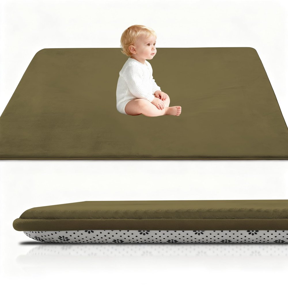Stqyeiw Children's Rug, Extra-Thick Coral Velvet Crawling and Play Mat, Non-Slip, Army Green, 40 x 150 cm
