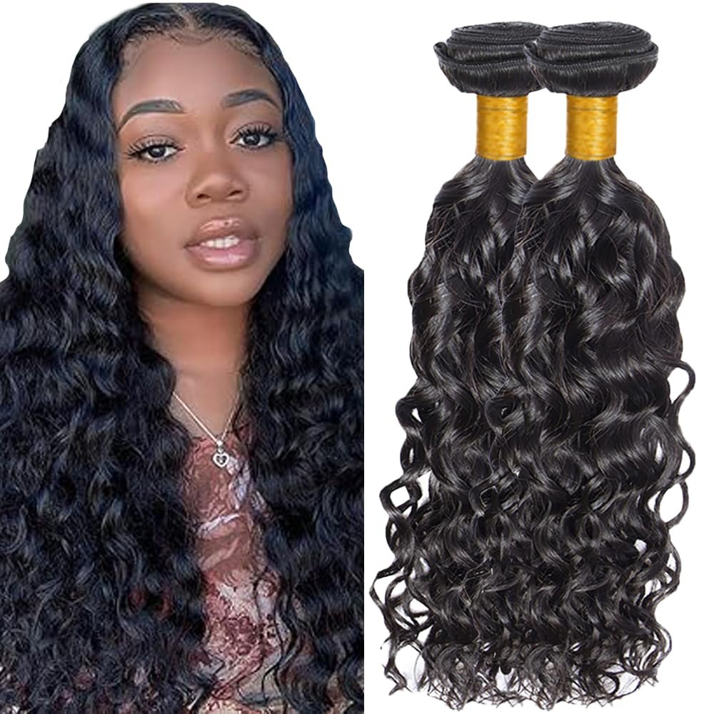 AuokMar Brazilian Natural Black Water Wave Human Hair Bundles, 2-Pack