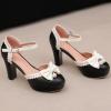Women's T-Strap Patent Leather Pumps with Bow and Block Heel view 2
