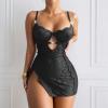Women's Sexy Lingerie 2026, Leather-Latex Velvet Mesh Bodysuit with Large Bow and Deep V-Neck view 3