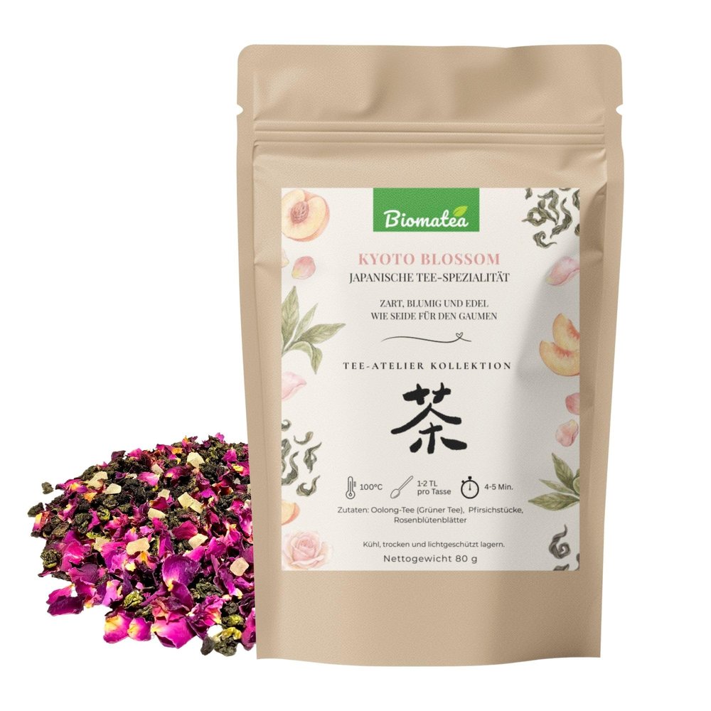 Biomatea Kyoto Blossom Tea Atelier Collection, Oolong & Green Tea with Rose Petals and Peach (80 g)