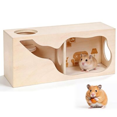 Piashow Wooden Hamster House, Multi-Chamber Hideout with Flat Roof, 30 x 12 x 12 cm