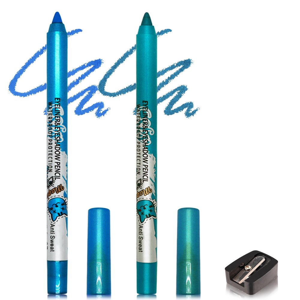 Waterproof Glitter Eyeliner, 2-Piece Blue Cream Gel Eyeliner Pencil Set for Women