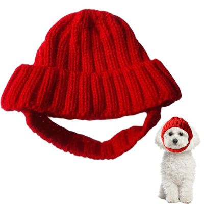 Dog Beanie, Red Knit Winter Hat for Dogs with Ear Holes