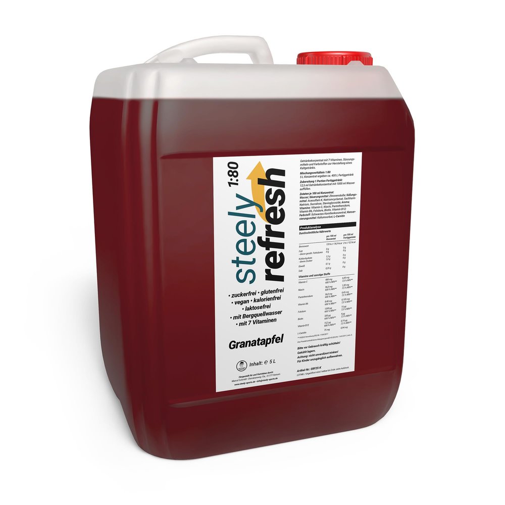 SteelyRefresh Pomegranate Syrup, Sugar-Free Drink Concentrate with Vitamins, 5 L Canister Makes up to 400 L