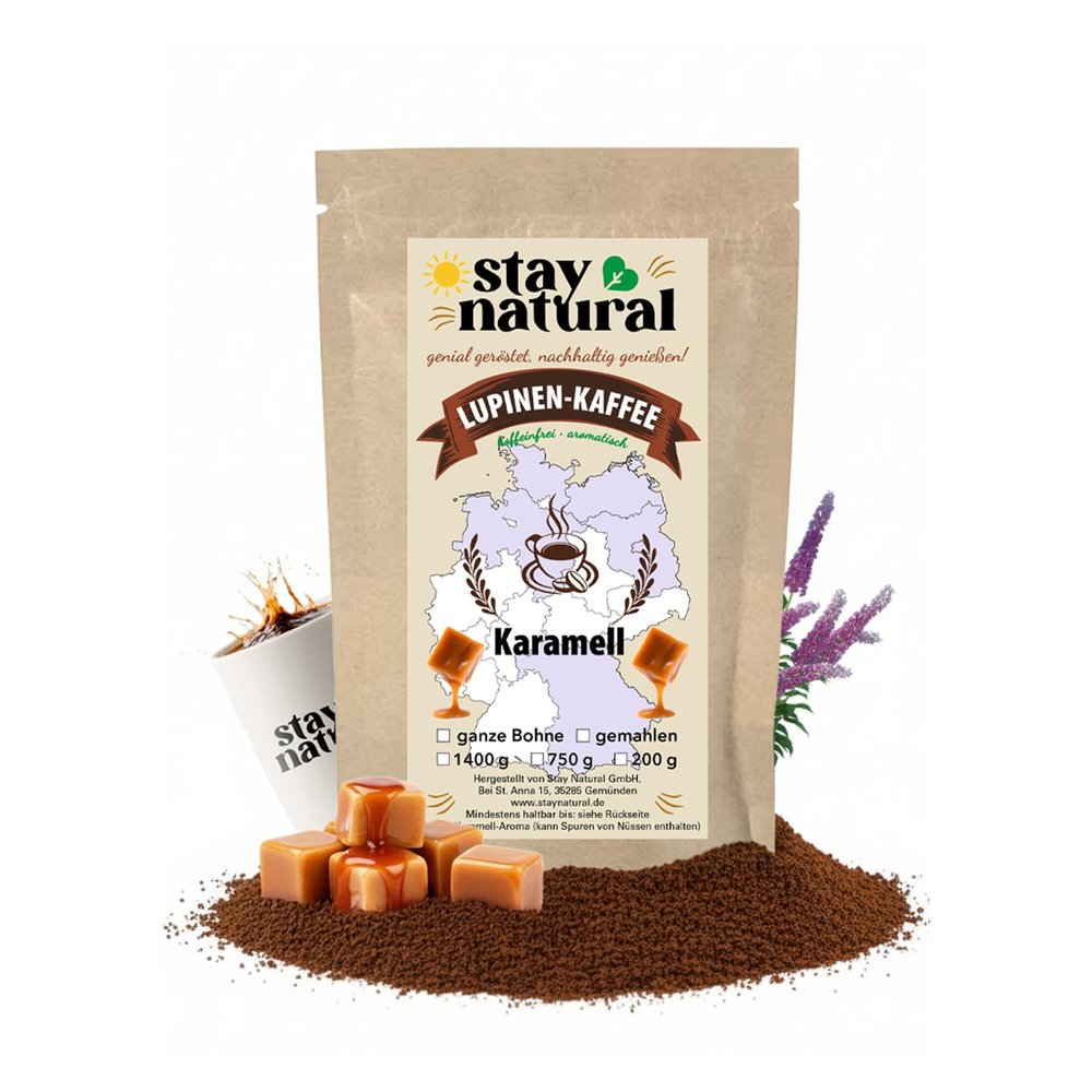 Stay Natural Ground Lupin Coffee 750 g, Caffeine-Free, German Lupin Coffee Alternative, Dark Roasted, Vegan & Gluten-Free, Caramel Flavor