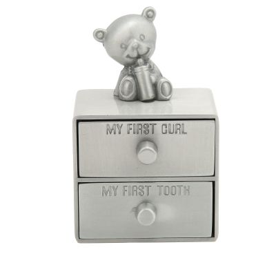 LetCart Bear-Shaped Metal Tooth Box with 2 Drawers, Keepsake Storage Box for Baby Teeth and Jewelry, Antique Tin Color