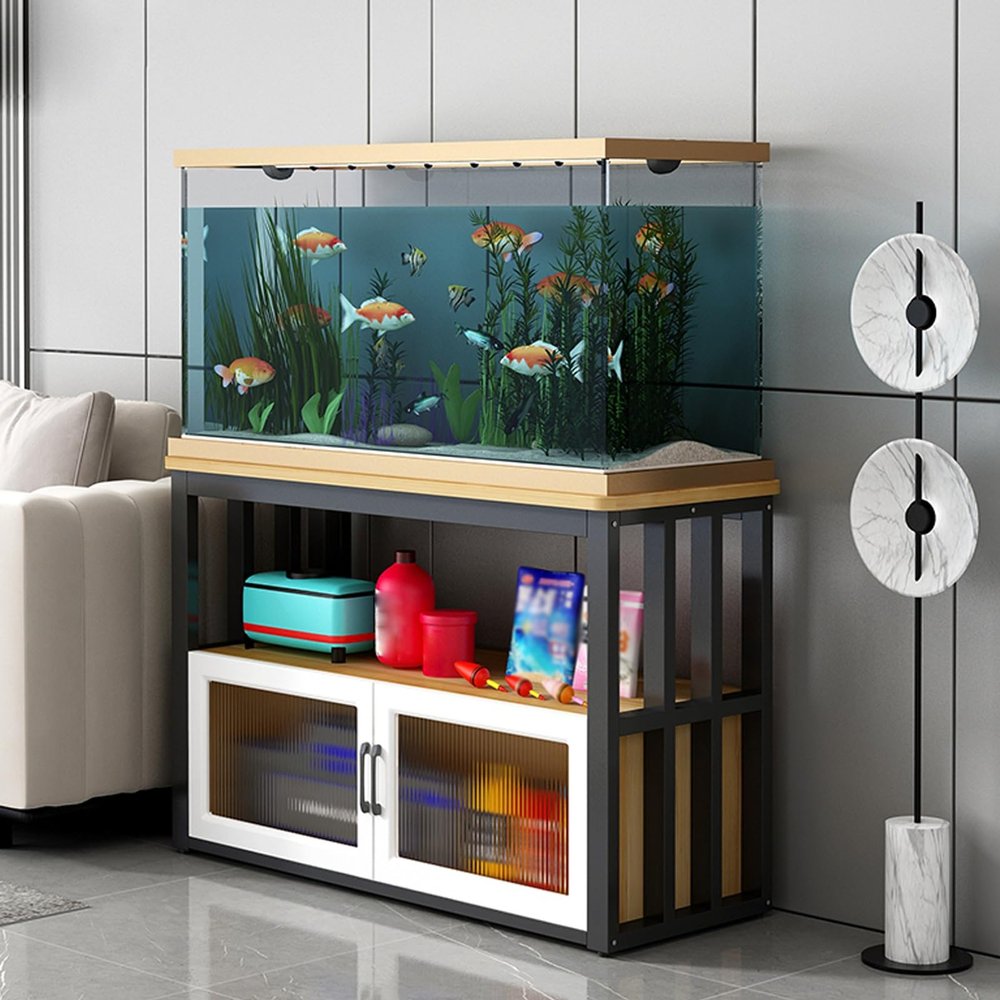 Generic Adjustable Aquarium Stand with Storage Cabinet, Sturdy Steel Frame, Home/Office/Hospital, Black (80 x 45 cm)