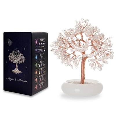 MAGIC AND MIRACLES Crystal Tree of Life with Jade Bowl, Made from 243 Natural Stones, Feng Shui Decor and Good-Luck Charm (Clear Quartz, Approx. 14 cm Tall)