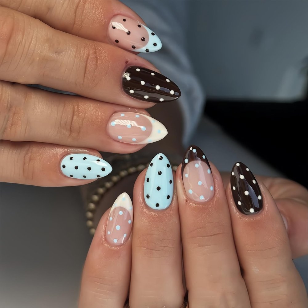 Bubaxuce Polka Dot Almond Press-On Nails, French Fake Nails with White and Black Dots